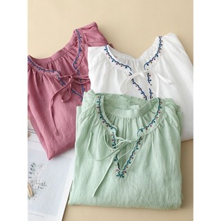 Nguyên Bản Cotton Và Vải Lanh Thêu Cổ Chữ V Ba Phần Tư Áo Sơ Mi Nữ Thoải Mái Mềm Mại Áo Sơ Mi Mới Cổ Phối Phối Ren Mùa Hè Top