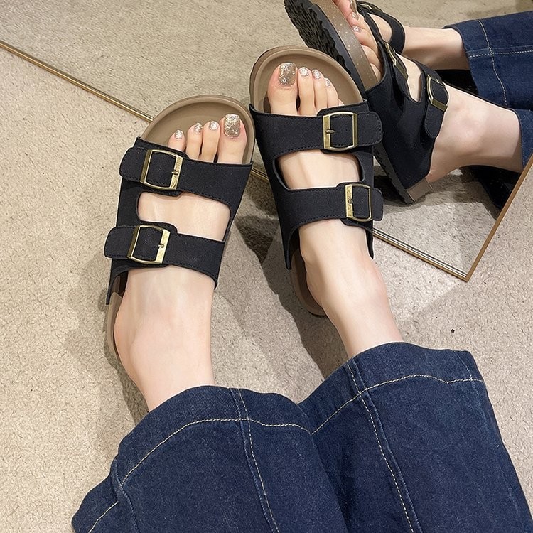 Mùa Hè Phong Cách Mới Slip-On Dép Nữ PU Phiên Bản Hàn Quốc Retro Chống Trơn Trượt Thường Ngày Ngoài Trời Mặc Dày Đế Đôi San