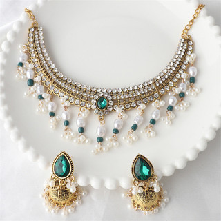1 Bộ bohemian Ngọc Trai Kỳ Lạ vintage Tua Rua Xương Cổ Vòng Cổ Bông Tai Bộ Trang Sức