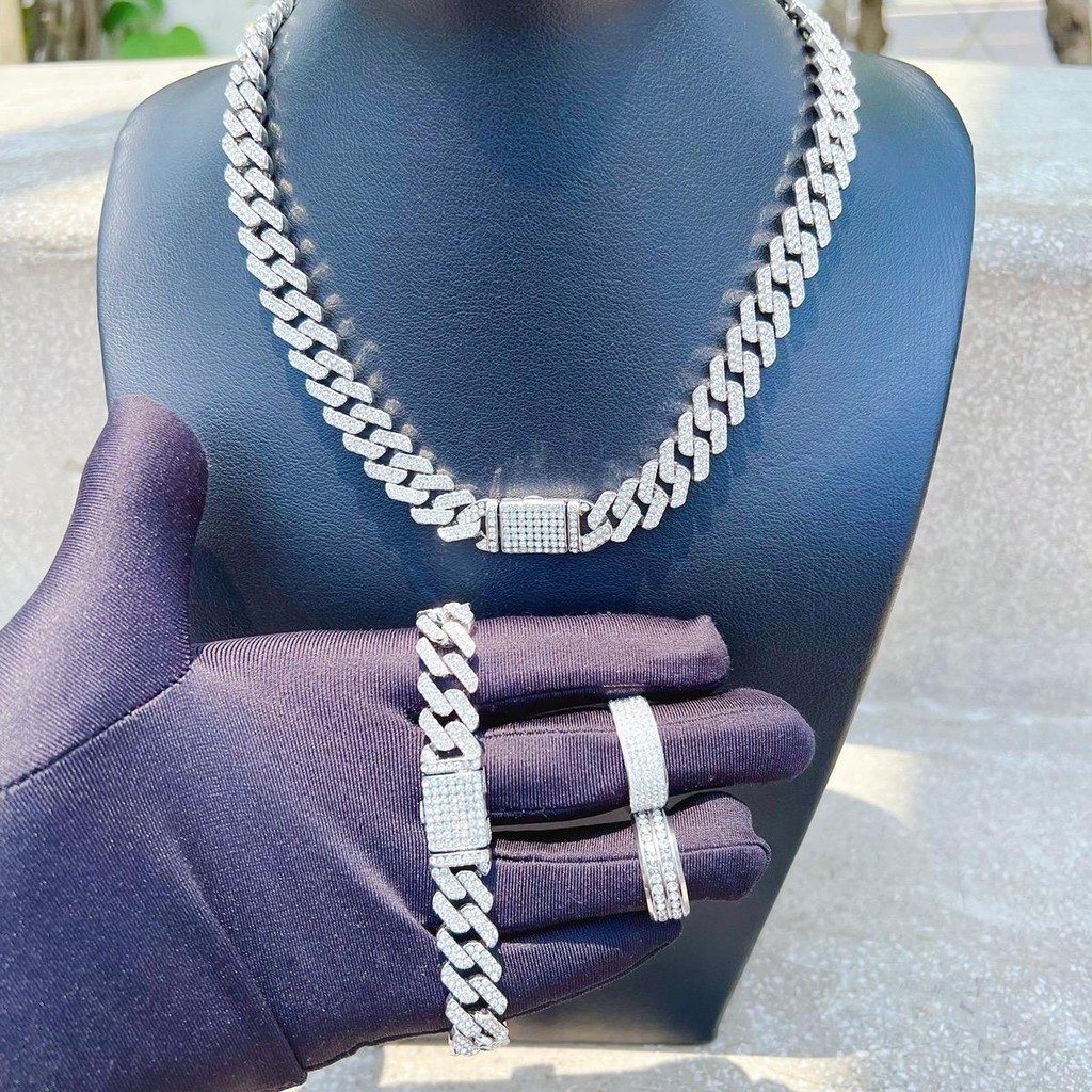 (COMBO 4) Combo dây chuyền và vòng tay đính đá cuban tặng kèm 2 nhẫn đính đá bản v4 rộng 10mm