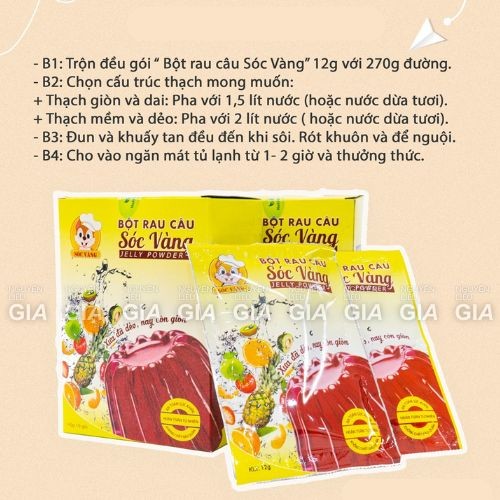 THÙNG 10 HỘP bột rau câu dẻo Sóc vàng hộp 120g (10 gói x 12g)