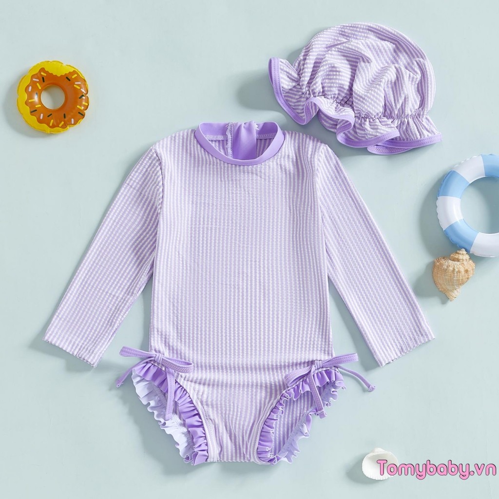 Bé Gái Rash Guard Đồ Bơi Sọc Họa Tiết Dài Tay Cổ Tròn Đồ Bơi Có Mũ