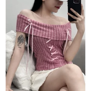 Áo Nữ Kiểu Trễ Vai Đính Nơ PINKSTORE29 Phong Cách Coquette A51092