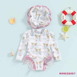 Mg-baby Girl Rash Guard Đồ bơi dài tay in hoa / kem Bộ đồ tắm cho trẻ sơ sinh Đồ bơi có mũ chống nắng