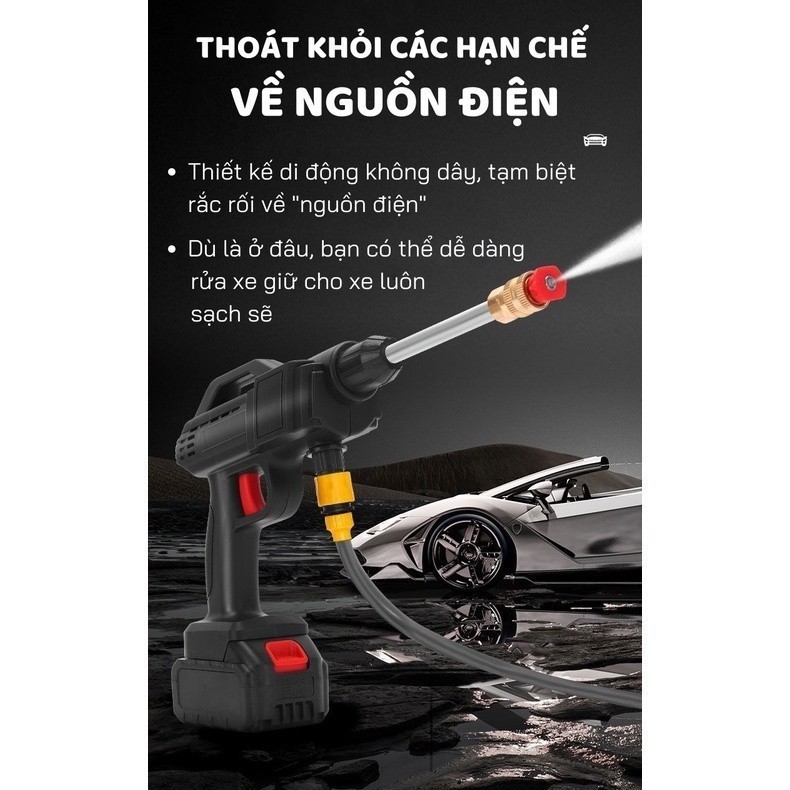 Máy Rửa Xe Mini Cầm Tay Công Suất 600W Dùng 2 Pin - Pin Đa Năng Rửa Xe, Vệ Sinh, Tưới Cây - Vòi Phun Áp Lực Mạnh