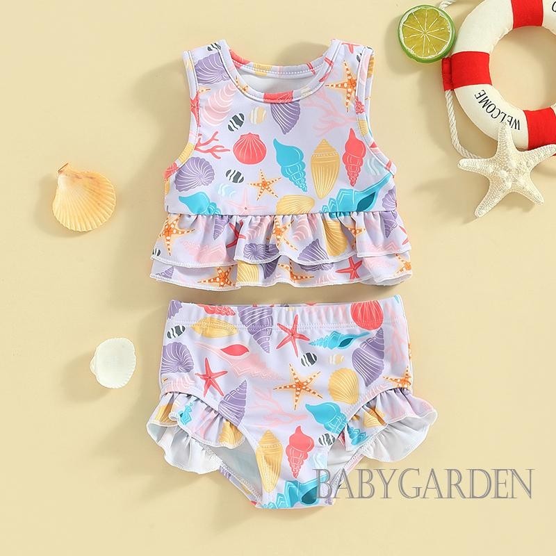 Baga-3 tuổi Bikini mùa hè cho bé gái Bộ 2 chiếc Áo ba lỗ cổ tròn không tay in hình sao biển có quần short Đồ bơi