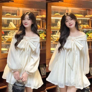 Đầm ngắn nữ kiểu áo dấu quần , áo babydoll trễ vai tay bồng xòe thắt nơ 2 lớp cao cấp chất voan tơ- D03