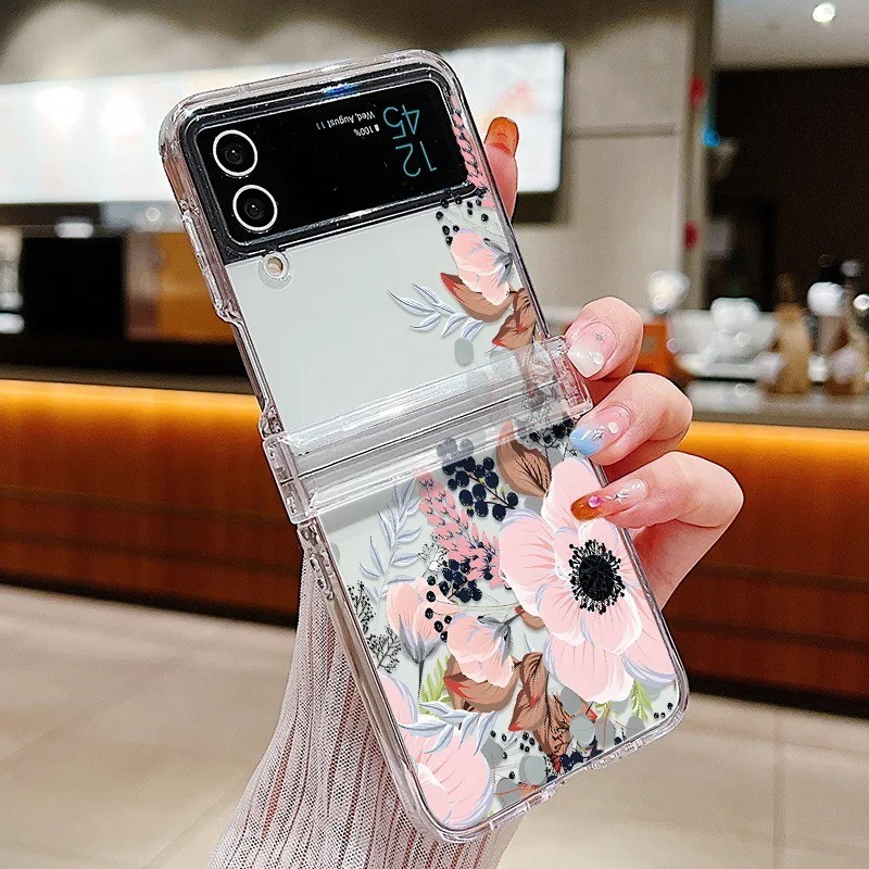 Ốp Điện Thoại Gấp Siêu Mỏng Trong Suốt Chống Sốc Cho Samsung Galaxy Z Flip 5 Flip 4 Flip 3 Ốp Lưng Full Bản Lề Hoa Trong Suốt Bìa Cứng