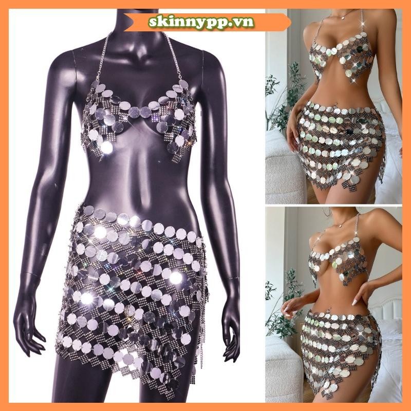 Da Nữ Sequined Camisole Tank Top Lấp Lánh Dây Crop Cami Top Dạo Phố