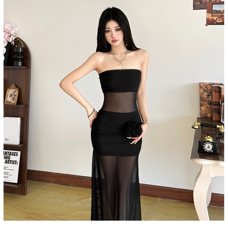 Klalien Đầm Maxi Không Tay quây Hình Eo Quấn hông Màu Trơn Lưới Nhìn Xuyên Qua Thanh Lịch Thường Ngày Gợi Cảm Thời Trang Mới Nữ