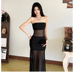 Klalien Đầm Maxi Không Tay quây Hình Eo Quấn hông Màu Trơn Lưới Nhìn Xuyên Qua Thanh Lịch Thường Ngày Gợi Cảm Thời Trang Mới Nữ