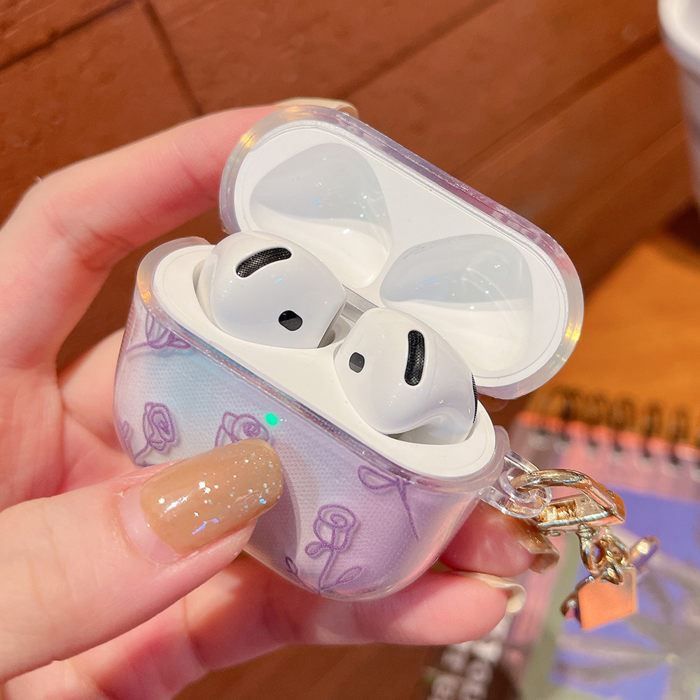 Ốp điện thoại hình bướm chuyển màu + Móc khóa cho AirPods 4/Pro/Pro2/3/2/1, vỏ mềm tai nghe Bluetooth