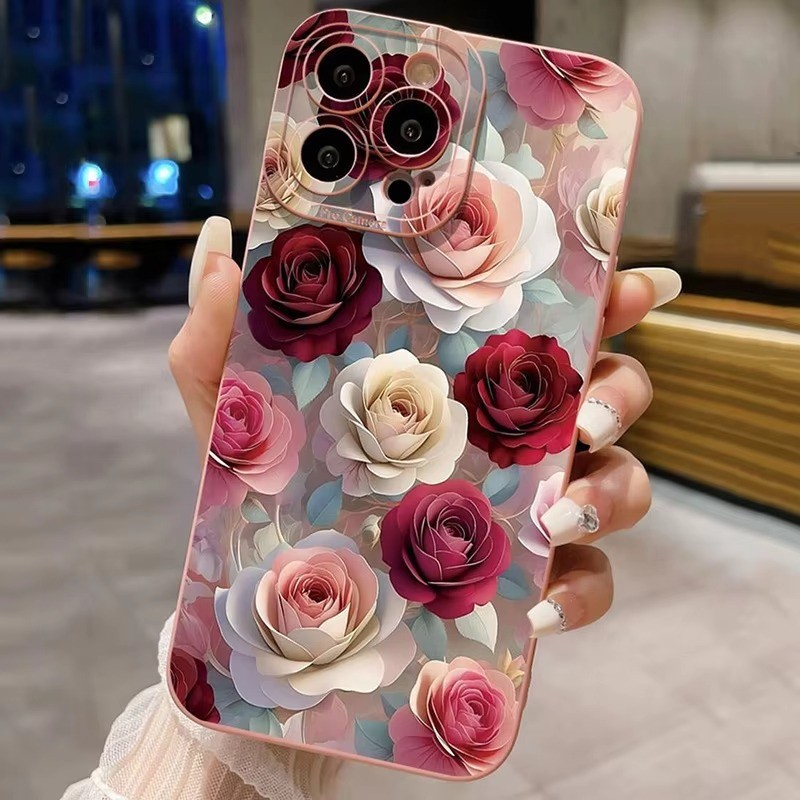 Ốp Điện Thoại Chống Sốc Họa Tiết Hoa Hồng Cho iPhone 13 11 12 14 15 16 Pro Max 16e XR X XS 7 8 Plus SE2 Matte Soft Cover