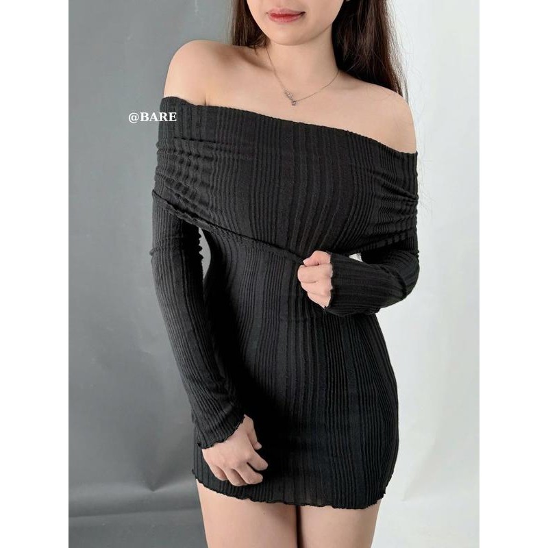 "Vải Len Gân" Đầm Ôm Body Nữ Trễ Vai Tay Dài Quyến Rũ, Đầm Noel Cho nữ_D02