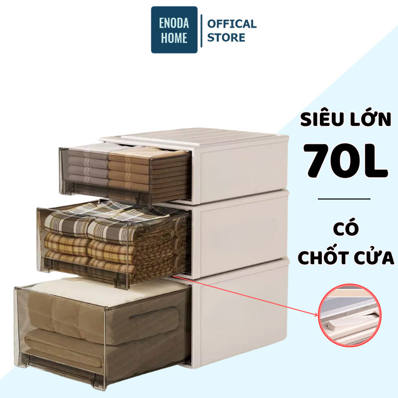 Hộp Ngăn Kéo Enoda Home Size Lớn 70L Ngăn  Kéo Trong Suốt Đen, Xếp Chồng Kiên Cố, Có Chốt Cửa Q006