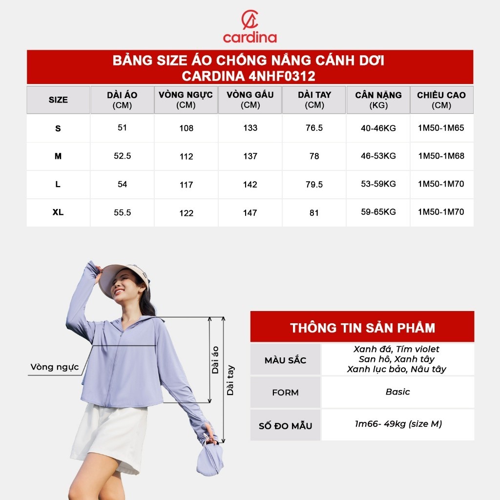 Áo chống nắng nữ CARDINA thiết kế cánh dơi mũ liền CN cool max chống tia cực tím hiệu quả 4NHF03