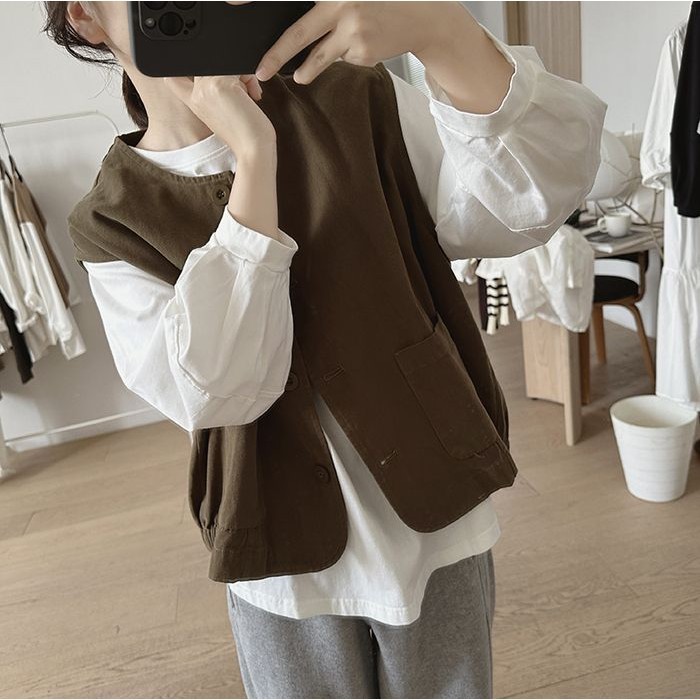 Áo Vest Cổ Tròn Nữ Mùa Xuân Thu Mới Rời Quá Khổ Retro Túi