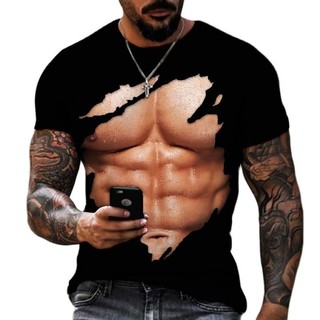 Thời Trang Mùa Hè Cá Tính Ngực Cơ abs Đồ Họa Áo Nam Hip Hop Bông Tai Kẹp 3D Ngộ nghĩnh In Hình Tay Ngắn Tee Top