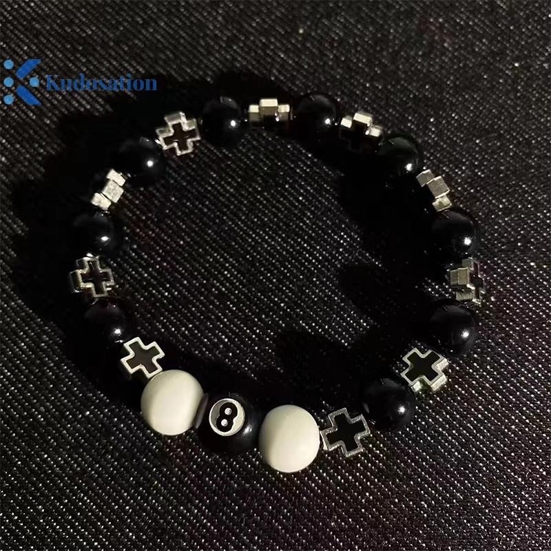 Kudosation Bida Đen 8 Hạt Vòng Tay Nam Nữ Handmade Chữ Thập May Mắn Đàn Hồi Vòng Tay Nam Hip Hop Trang Sức Phụ Kiện