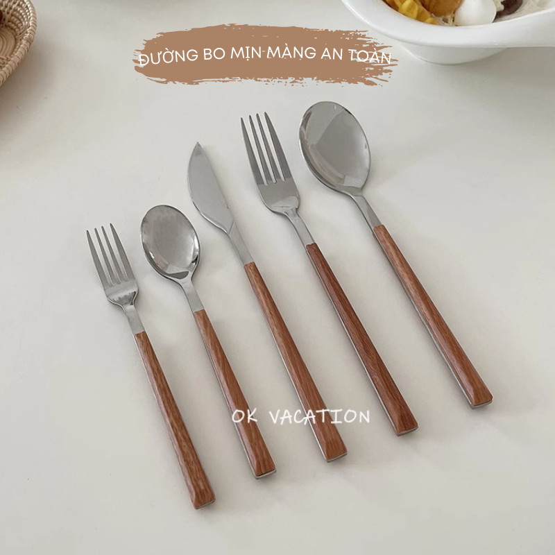 Bộ Dao Muỗng Dĩa Thìa Inox Cán Giả Gỗ Phong Cách Hàn Quốc Dùng Ăn Bít Tết, Đồ Âu - Thìa Nĩa Ăn Tráng Miệng Cao Cấp | 242