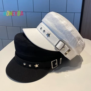 < Honeyba > Mũ Nồi Nữ Mũ Lưỡi Vịt Cotton Xuân Thu Đông Anh Retro Phong Cách Hải Quân Hàn Quốc Báo Họa Sĩ Mũ