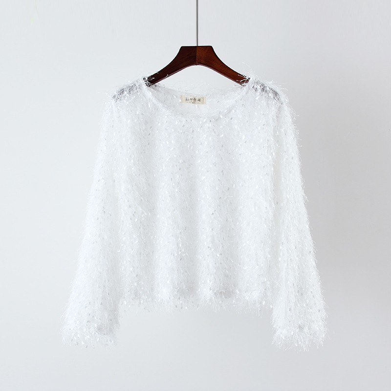 Milyfashion Chui Đầu Viền Top Mùa Thu Phong Cách Mới Rời Cổ Tròn Lông Tơ Sáng Lụa Dài Tay Áo Thun Đế