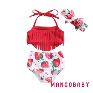 Mg-toddler Bé Gái 3 Mảnh Đồ Bơi Tua Rua Màu Trơn Áo Dâu / In Hoa Quần Short Băng Đô Chia Bộ Đồ Tắm Đồ Bơi