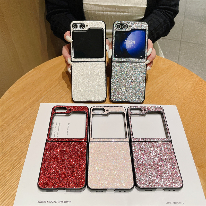 Ốp điện thoại bằng da PU lấp lánh Bling sang trọng dành cho Samsung Galaxy Z Flip 5 Z Flip 4 Slim Vỏ cứng chống sốc Z Flip 3