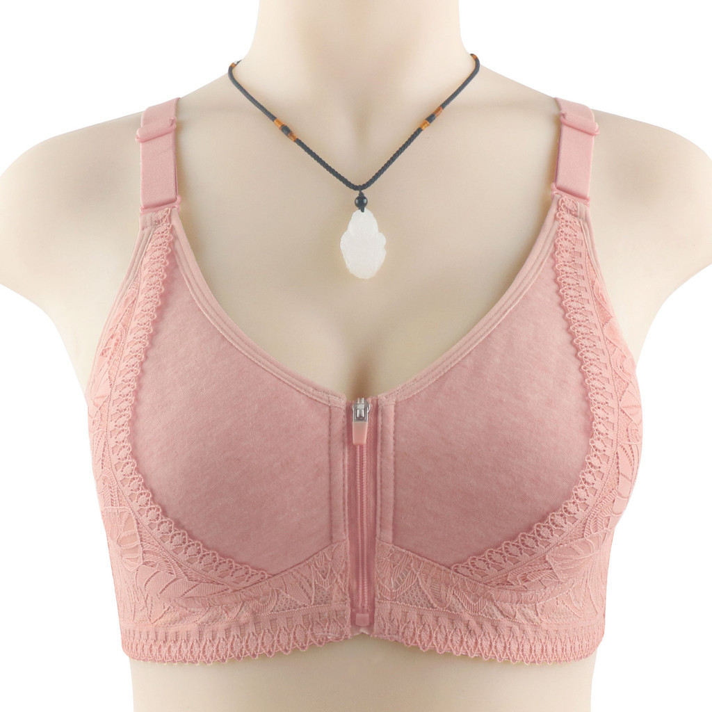 Cốc cotton mềm mới có khóa kéo phía trước đồ lót trung niên và người già dành cho nữ không có vòng thép, lưng ren đẹp, áo ngực cỡ lớn có thể điều chỉnh