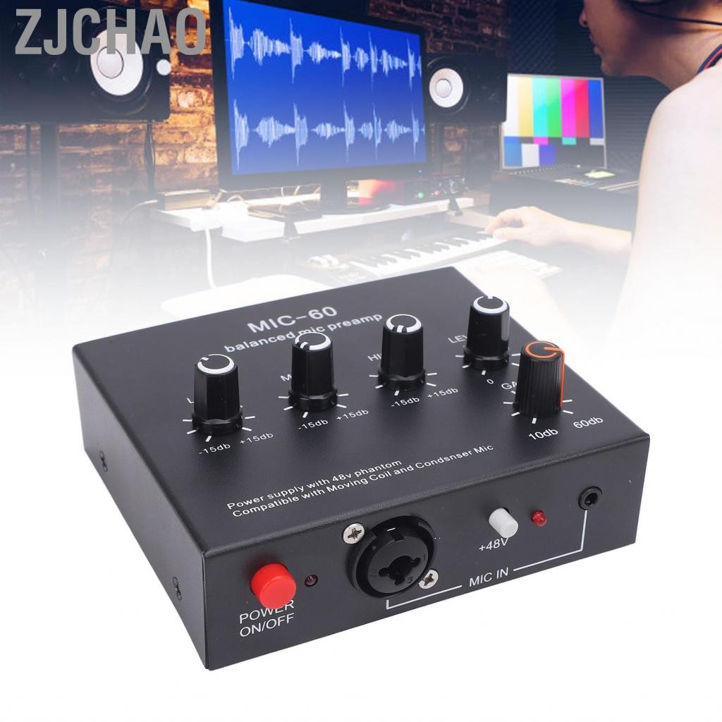 Zjchao Micrô Preamp tăng cường chất lượng âm thanh 48V Power XLR Đầu ra động và tăng cường Mic Boos