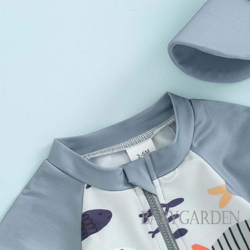 0-5 Tuổi Bé Trai Rash Guard Đồ Bơi Có Mũ Bơi Hoạt Hình In Cá Tay Ngắn Dây Kéo Phía Trước Bộ Đồ Tắm