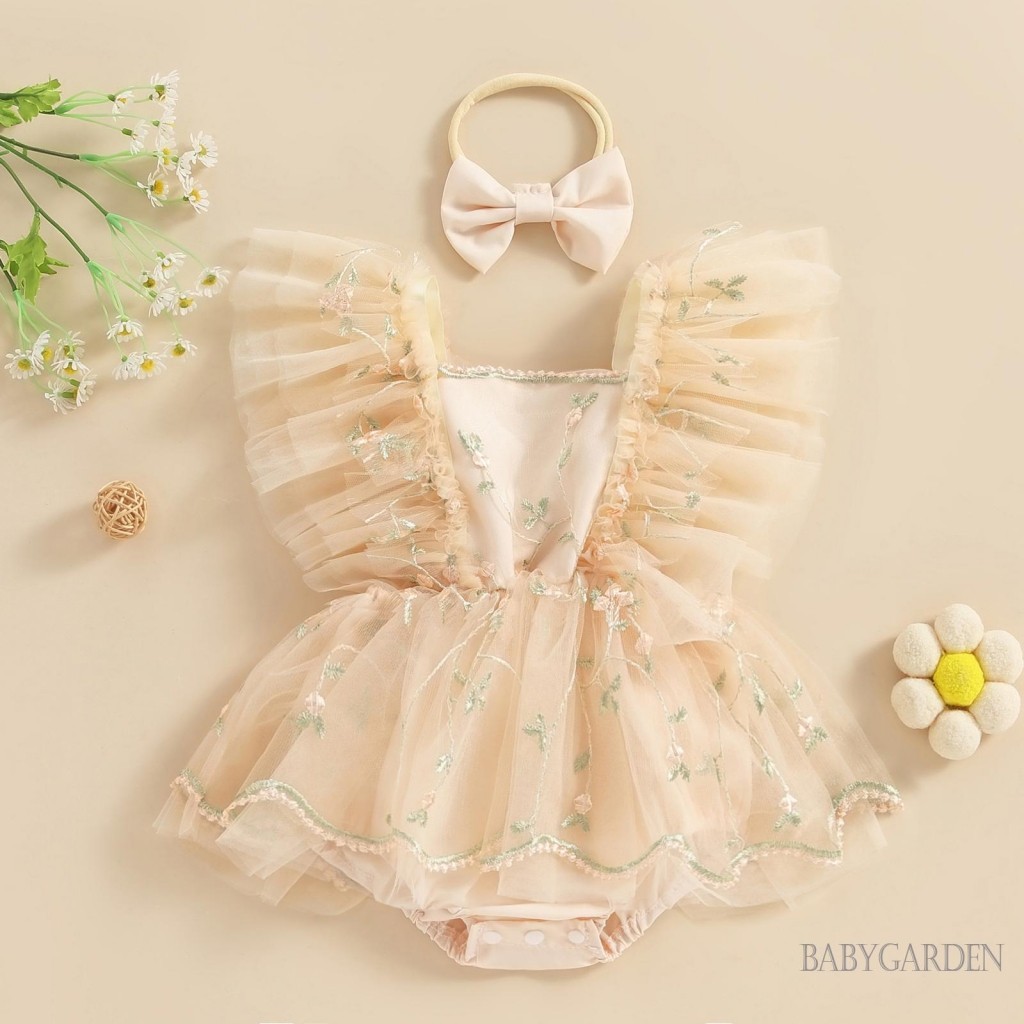Baga-baby Bé Gái Áo Liền Quần Tay Bay Cổ Vuông Thêu Hoa Tulle Áo Liền Quần Cho Trẻ Sơ Sinh Có Nơ Băng Đô