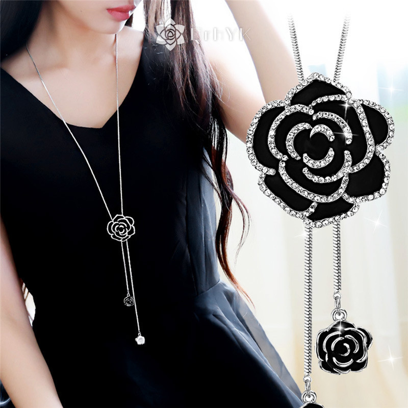 Qrhyk Đen Hoa Hồng Dài Mặt Dây Chuyền Vòng Cổ Áo Len Dây Chuyền Pha Lê Nữ Trang Sức Quà Tặng Mới