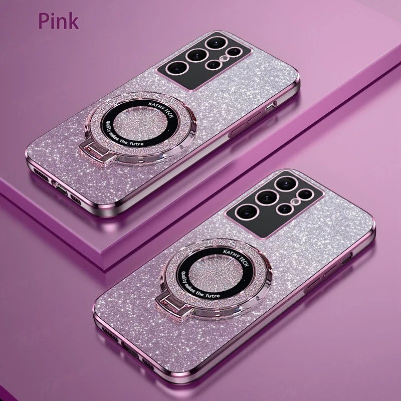 Ốp điện thoại Dành Cho Samsung Galaxy S24 S23 UItra S22 Plus S23 S21 S20 FE Sang Trọng Gradient Lấp Lánh Mạ Đứng Giá Đỡ Mặt Sau Silicon Từ Tính