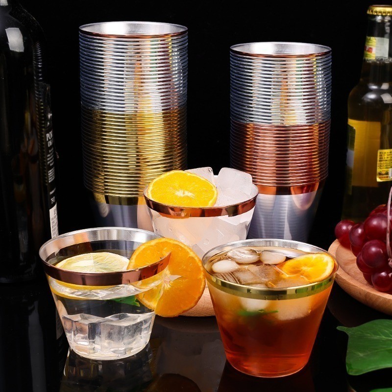Ly rượu nhựa dùng một lần - 25PC 270ML Gold Clear Cups - Bộ đồ ăn có thể tái sử dụng - dành cho đồ uống, sinh nhật, đám cưới, tiệc tùng - Đồ dùng gia dụng