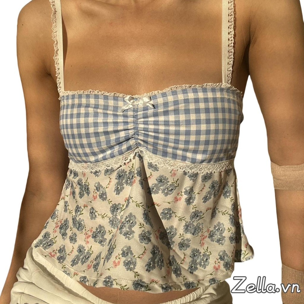 Nữ Kẻ Sọc Họa Tiết Hoa Camisoles Ren Viền Không Tay Sling Tank Tops Mùa Hè Slim Fit Vest Dạo Phố