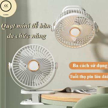 Quạt mini để bàn đa chức năng,Quạt Kẹp Bàn & Đèn Ngủ LED Điều Chỉnh 720° Góc Quay 5 Tốc Độ Gió,Quạt im lặng