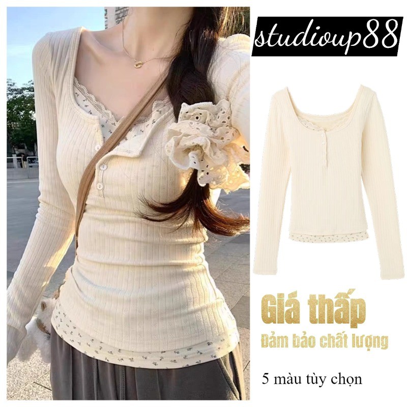 (Ảnh+ Video Thật)Áo Thun Dài Tay Ren Hoa Ôm Body Phiên Bản Hàn Quốc Áo Thời Trang Mới