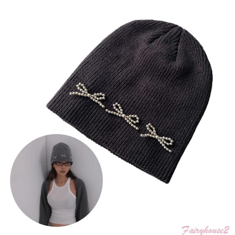 Mũ Len Beanie Đính Hạt Và Nơ Phong Cách Hip Hop Cho Nữ