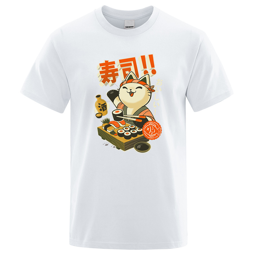 2024 Thời Trang Nhật Bản Sushi Đầu Bếp Mèo Hoạt Hình Áo Thun Quá Khổ Quần Áo Rời Đường Phố Áo Thun Áo Thun Thường Ngày Cho Bé Trai Và Bé Gái
