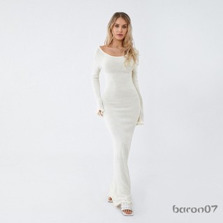 Nữ Dệt Kim Bodycon Đầm Dài Tay Thắt Lưng Cổ Tròn Màu Trơn Ruffle Viền Dài Đầm Đi Biển