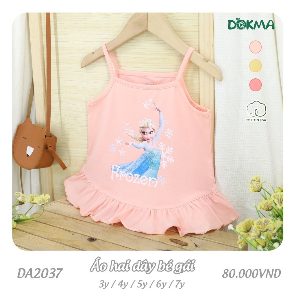(13-25kg) Áo Hai Dây Bé Gái Phối Viền Bèo Hoạ Tiết Elsa Dokma DA2037