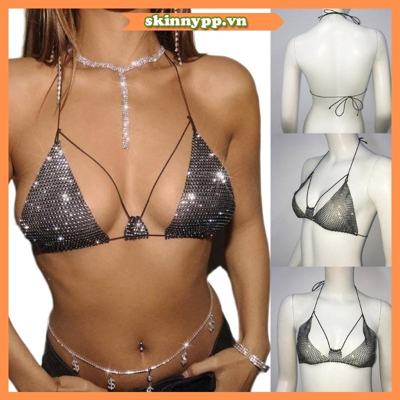 Da Rỗng Dây Cổ Chữ V Không Lưng Kim Cương Giả Lưới Áo Ngực Cơ Thể Trang Sức Crop Top