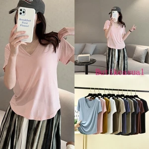 Áo thun nữ cổ chữ v áo thun ngắn tay mùa xuân hè thời trang mới thoải mái đàn hồi áo thun mềm mỏng