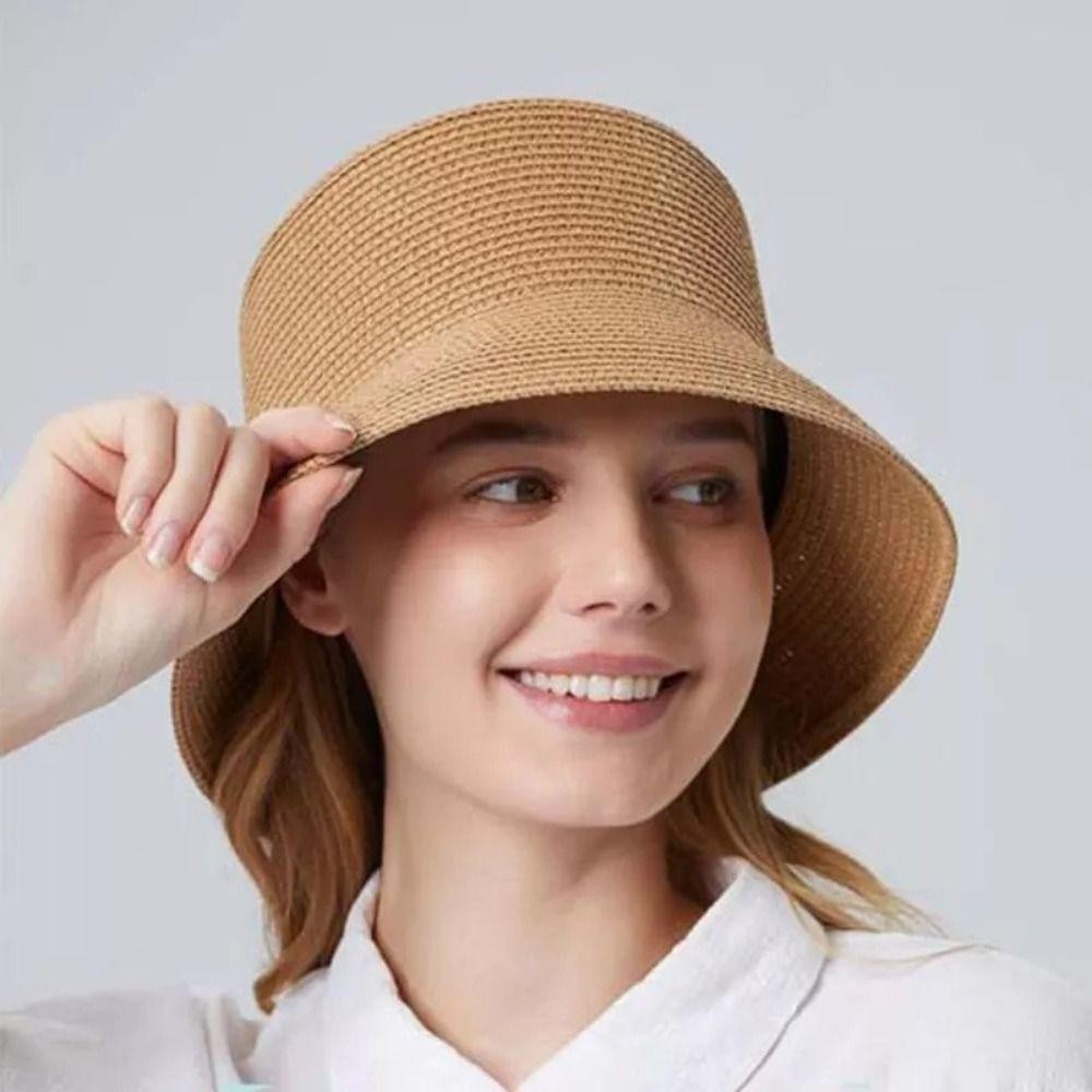 Mũ đi biển MERIGGIARE, Mũ xô rơm nữ màu trơn thoáng khí, Mũ ngư dân có vành rộng có thể gập lại