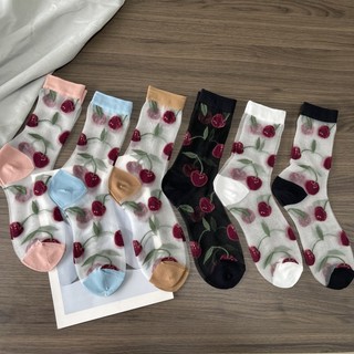 [Tất nữ oklife] Sợi thủy tinh sợi nhỏ màu đỏ Cherry Jacquard nhiều màu mùa hè Tất mỏng vừa vặn dễ thương Tất mỏng thoáng khí Tất bắp chân