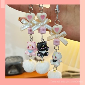Chào Hello Kitten Hair Ball Mặt dây chuyền, Đính cườm Sweet Girl Heart Móc chìa khóa mèo hoạt hình dễ thương