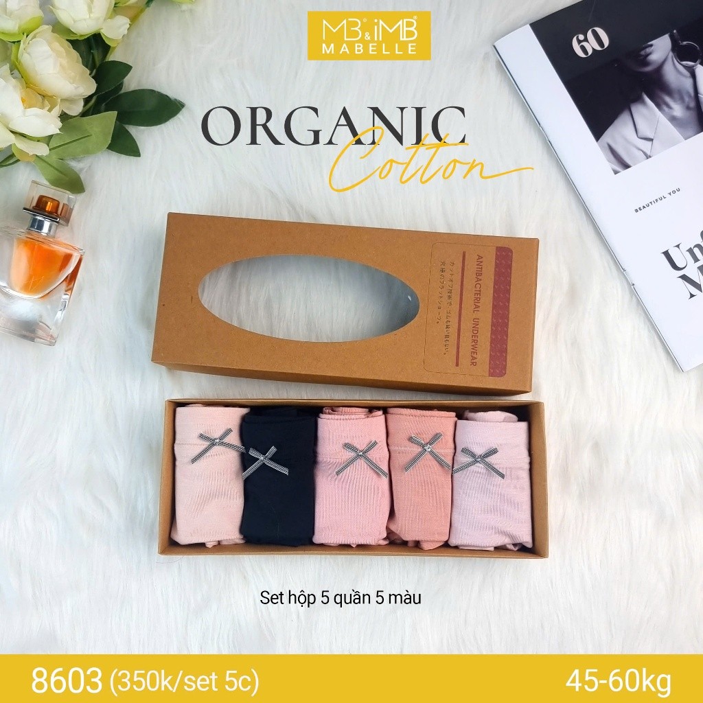 Quần lót nữ cotton hữu cơ MB Mabelle 8603 - Basic Organic 100%, siêu mềm mại, khử khuẩn - Set 5c
