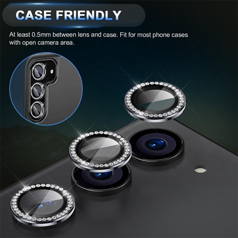 Bling 3D Kim Cương Kim Loại Camera Vòng Bảo Vệ Cho Samsung S25 Ultra S24 S23 S22 Plus S24 FE 5G HD Kính Cường Lực Hợp Kim Nắp Ống Kính