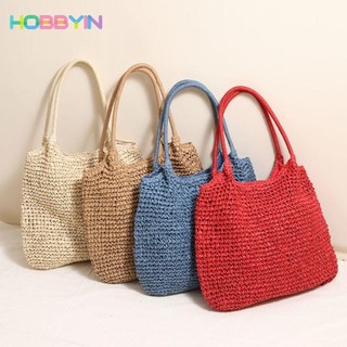 Túi Tote HOBBYIN, Túi đi biển dệt dung tích lớn, Túi đeo vai thông thường màu trơn hình ống hút thời trang